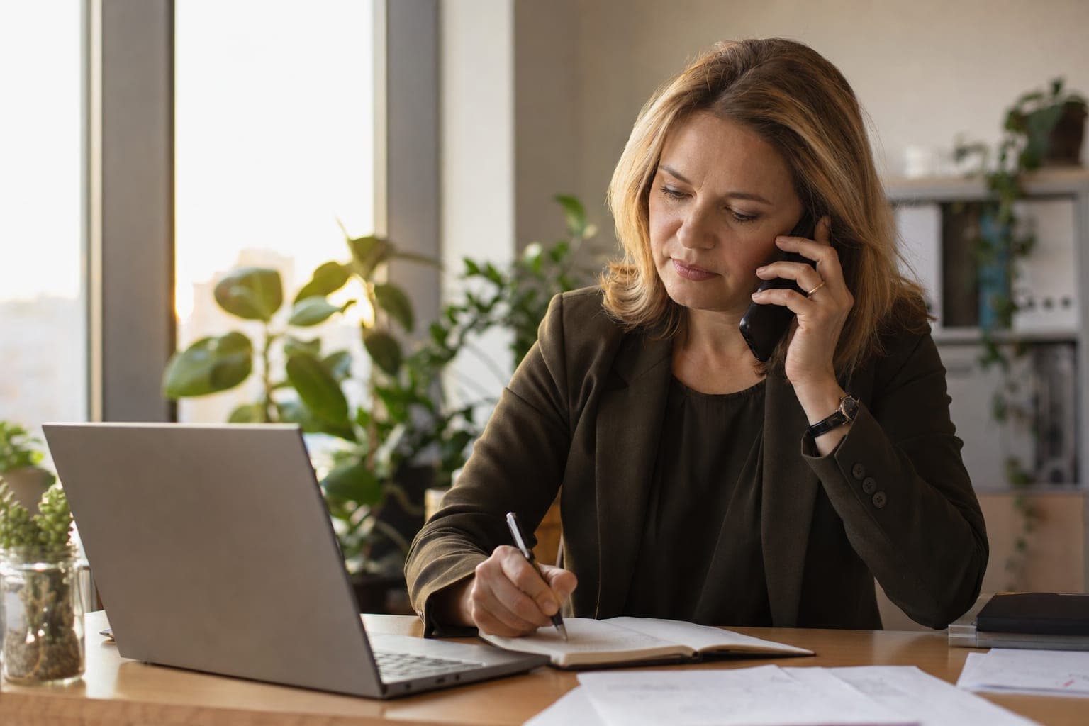 Recruiterin im Telefonat mit Notizblock am Schreibtisch